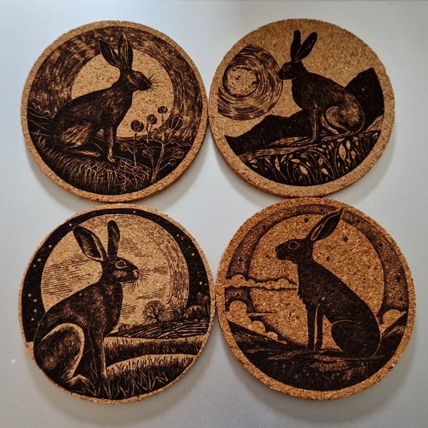 Set of Four Cork Coasters with Hare Designs