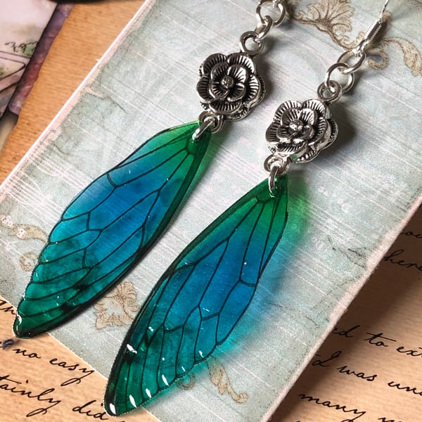 Magical Blue and Green Flower Fairy Sterling Silver Earrings