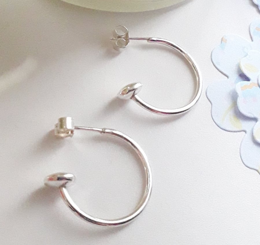 2 cm Sterling Silver hoop earrings with disc bead end, Solid Sterling Silver 925