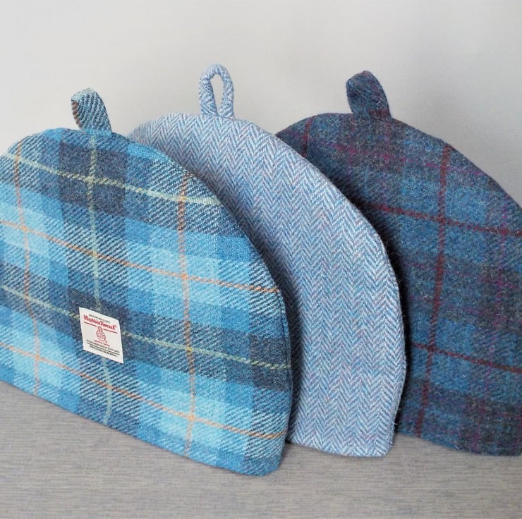 Harris Tweed tea cosy light blue and navy tarta... Folksy