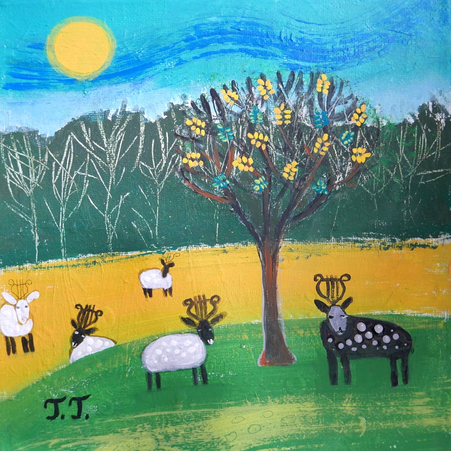 Devon Landscape Painting, Countryside Artwork with Sheep and Oak Tree