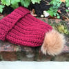 Chunky hat in acrylic with Merino wool, In Wine Red with tan faux fur Pom Pom