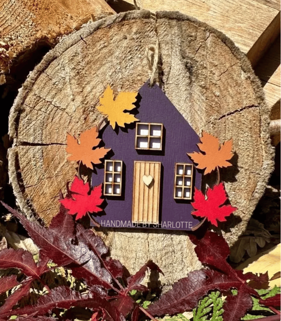 Purple Hand painted Wooden Maple Leaf Cottage House Hanging Ornament