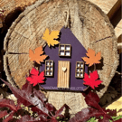Purple Hand painted Wooden Maple Leaf Cottage House Hanging Ornament