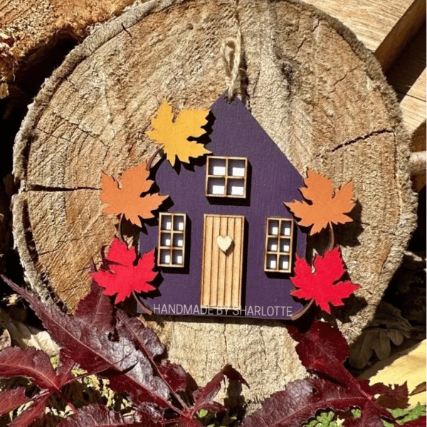 Purple Hand painted Wooden Maple Leaf Cottage House Hanging Ornament