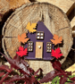 Purple Hand painted Wooden Maple Leaf Cottage House Hanging Ornament