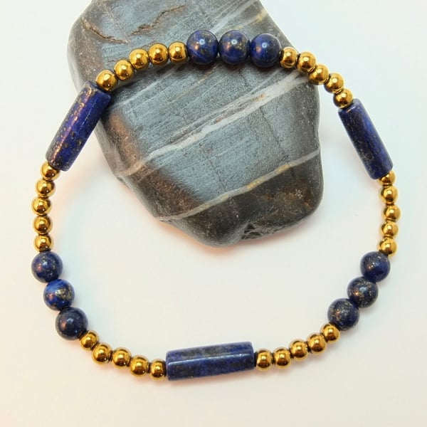 Lapis Lazuli And Golden Hematite Unisex Bracelet For A Larger Wrist.