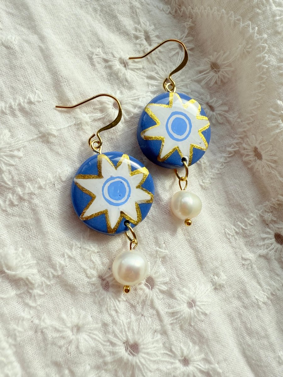 Blue Sun Earrings with Freshwater Pearls – Hand Painted Mediterranean Jewelry