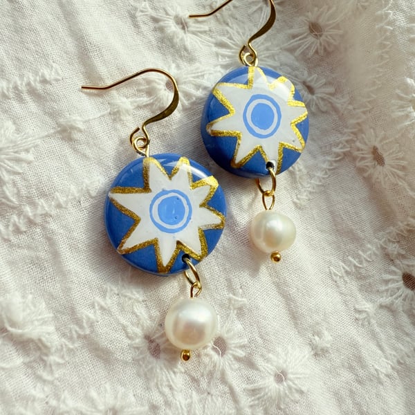 Blue Sun Earrings with Freshwater Pearls – Hand Painted Mediterranean Jewelry