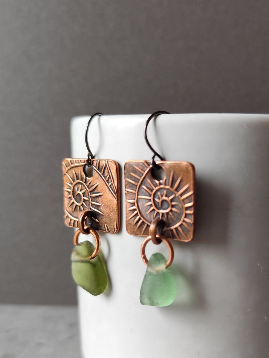 Square Copper and seaglass drop earrings, recycled material