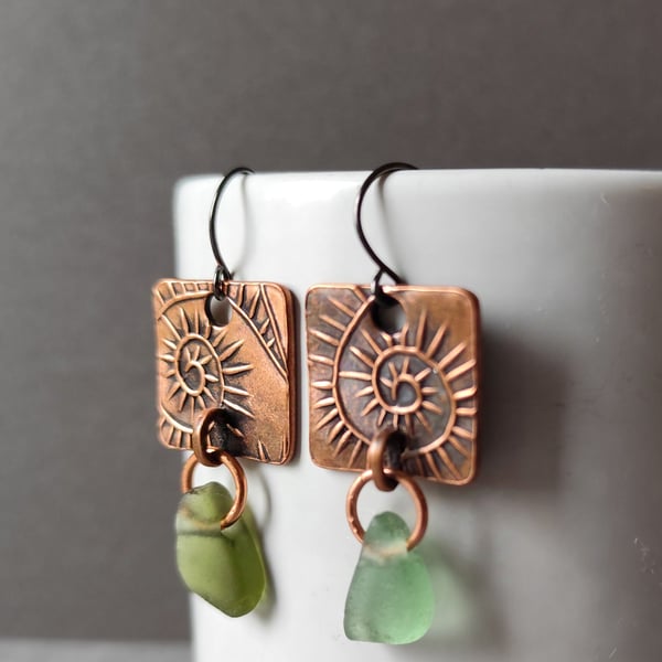 Square Copper and seaglass drop earrings, recycled material