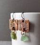 Square Copper and seaglass drop earrings, recycled material - Image 1