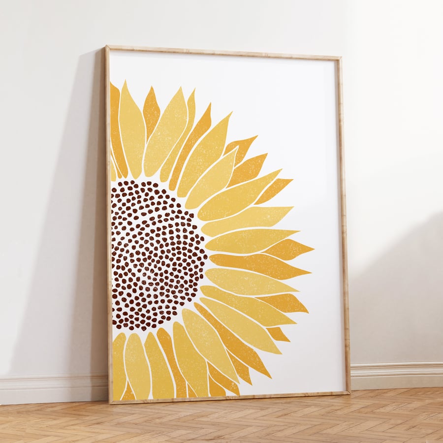 Sunflower Wall Art Print, Golden Yellow Floral Home Decor