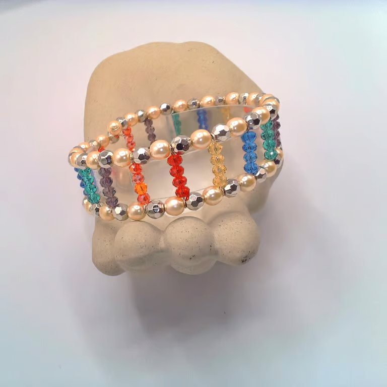 2 Strand Pearl & Crystal Memory Wire Cuff Bracelet, Gift for Her, Cuff Bracelet