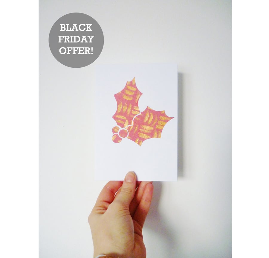 BLACK FRIDAY SALE - Free Postage - Collaged Holly Leaf Christmas Card
