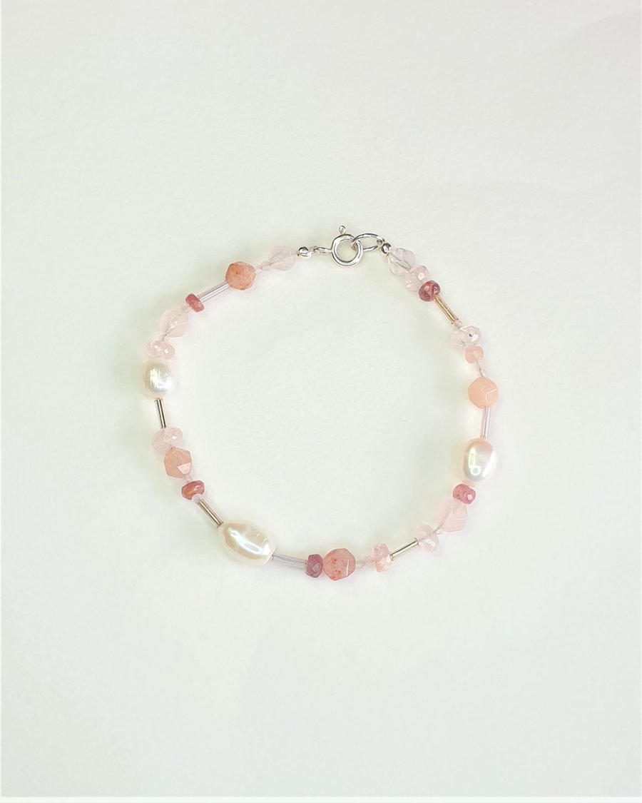 Pink Tone Mixed Gemstone and Freshwater Pearl Bracelet with Sterling Silver 