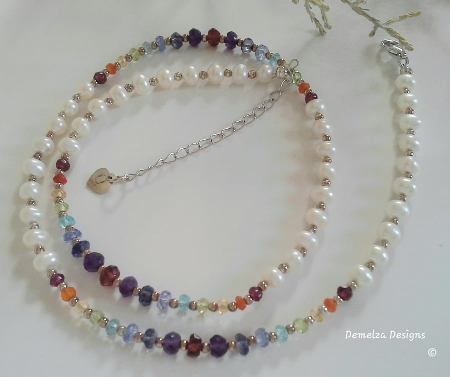 Designer Dainty Freshwater Pearls & Faceted Gemstone Sterling Silver Necklace