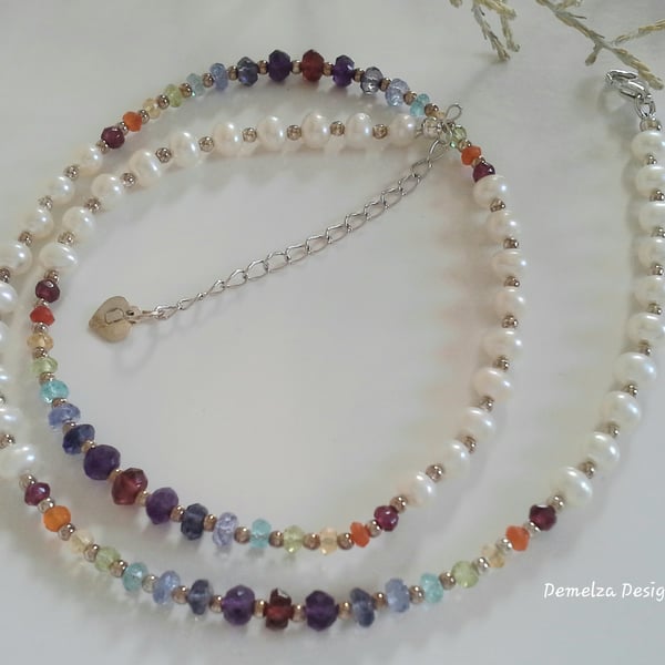 Designer Ivory Freshwater Pearls & Faceted Gemstone Sterling Silver Necklace