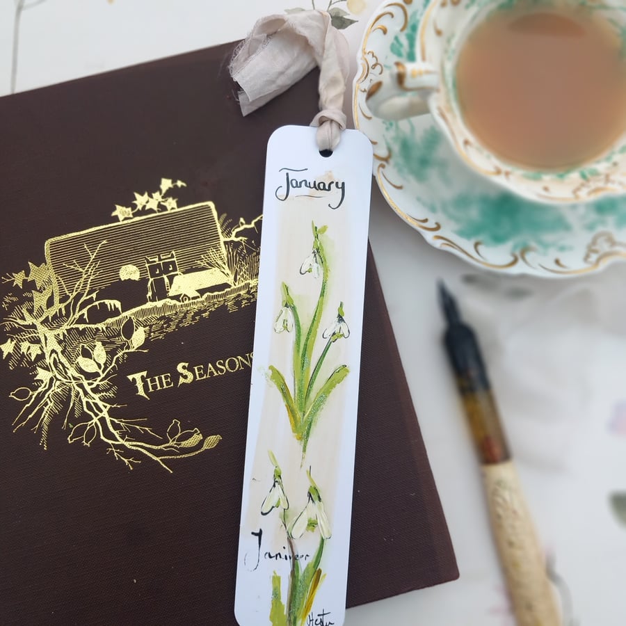 Hand drawn and painted book mark ' snowdrop'