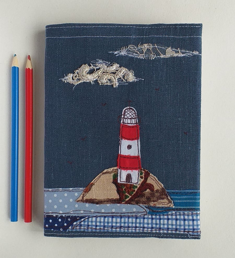 A5 Hardback Notebook with Embroidered Lighthouse on a Removable Cover