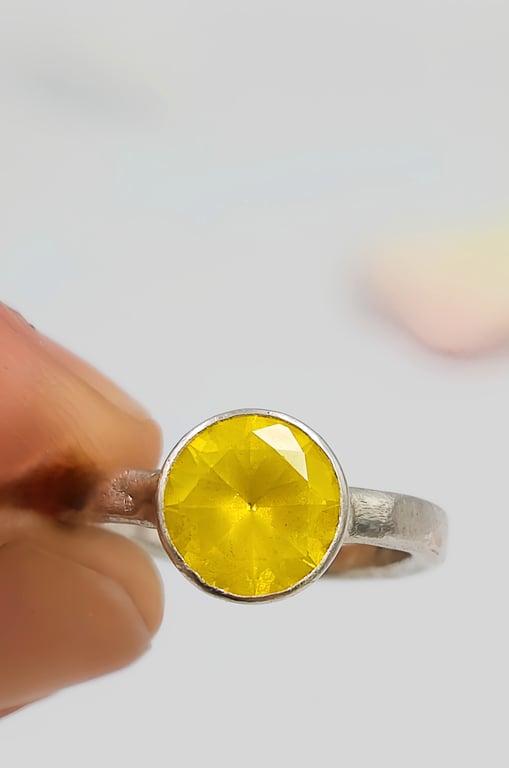 Molten Textured Sterling Silver Ring with 8mm Yellow YAG Gemstone - Size K