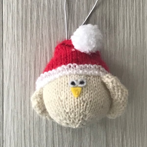 Knitted Christmas tree ornament - Bird with red and white bobble hat