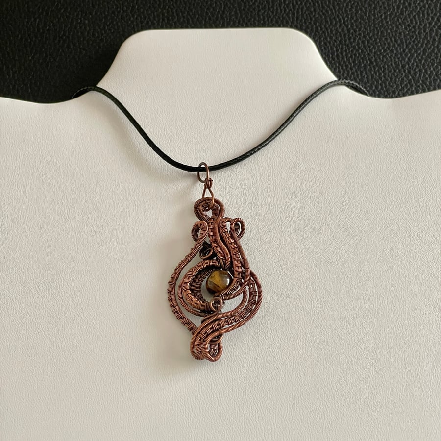Wire Wrapped Copper Tigers Eye Pendant