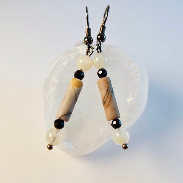 Picasso Jasper Earrings With Moonstone And Black Spinel - Handmade In Devon