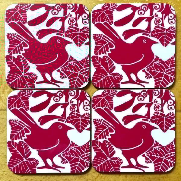 Red Mistletoe & Ivy Coasters Pk 4