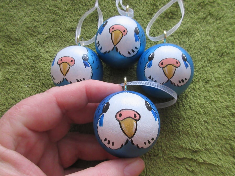 Budgie Bauble Christmas Tree Decoration Wooden Budgerigar in Santa Hat