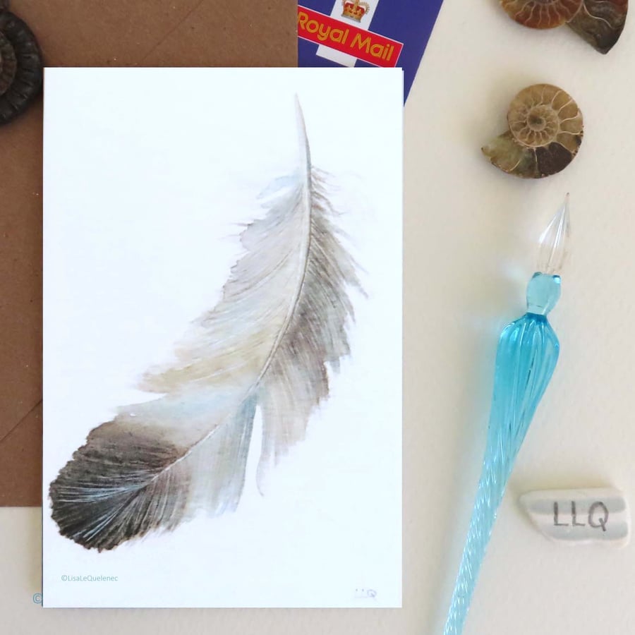 Feather blank greeting card from a watercolour painting plastic free