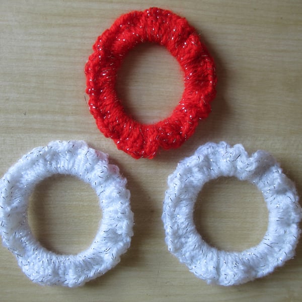 Set of 3 Sparkly Crochet Scrunchies, white and red