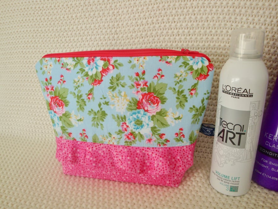 Floral cotton Wash Bag with ruffle - toiletries bag 