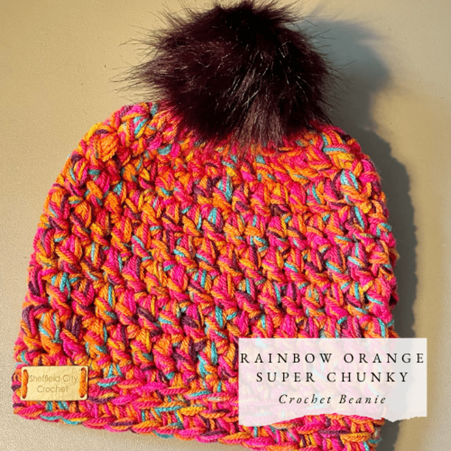 Hand Crocheted Rainbow Orange Super Chunky Beanie In Adult Size