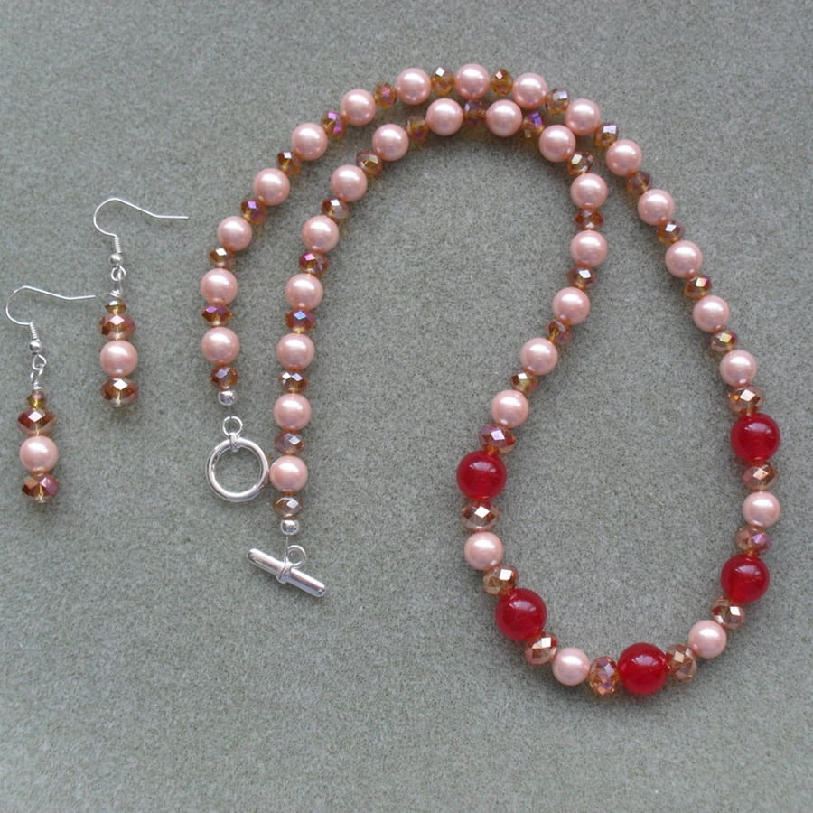  Shell Pearl and Crystal Necklace and Earring Set