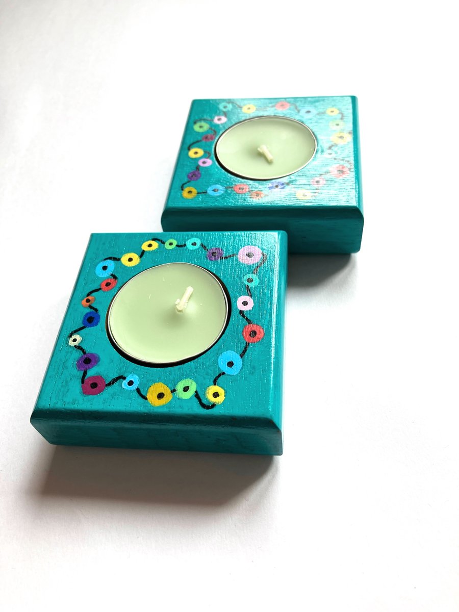 2 up cycled wooden hand painted tea light holders