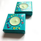 2 up cycled wooden hand painted tea light holders