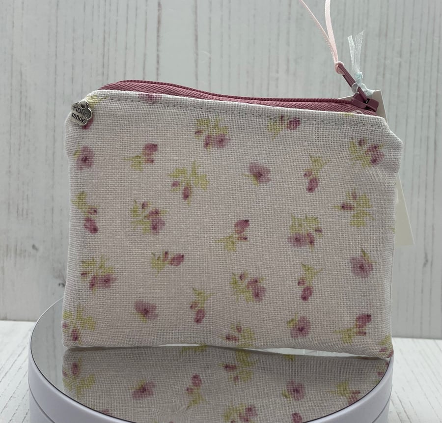 Pink lilac rose bud linen print coin purse