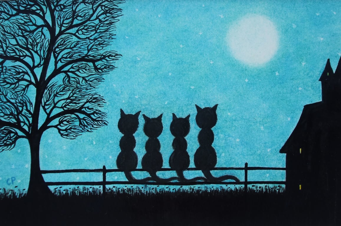 Four Cats Card, Moon Tree Black Cat Art Card, Friends Card, Silhouette, Family