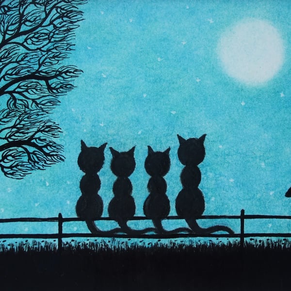 Four Cats Card, Moon Tree Black Cat Art Card, Friends Card, Silhouette, Family