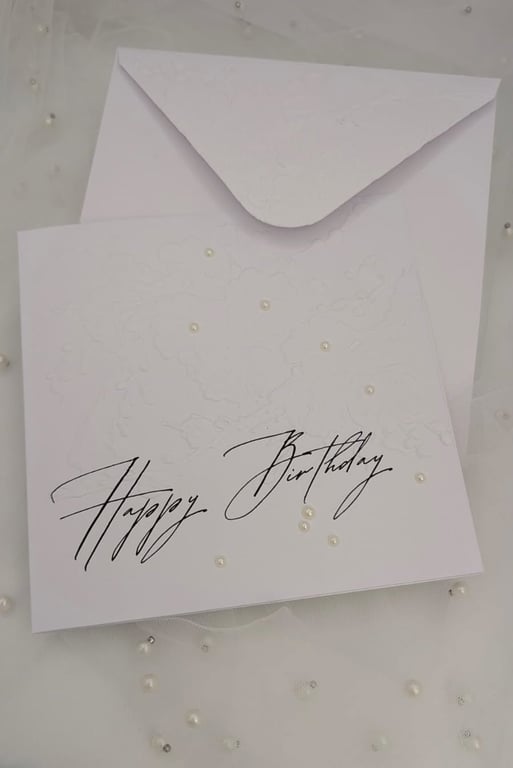 Handmade Square Happy Birthday Card with White Envelope, Elegant Pearl Embossed 