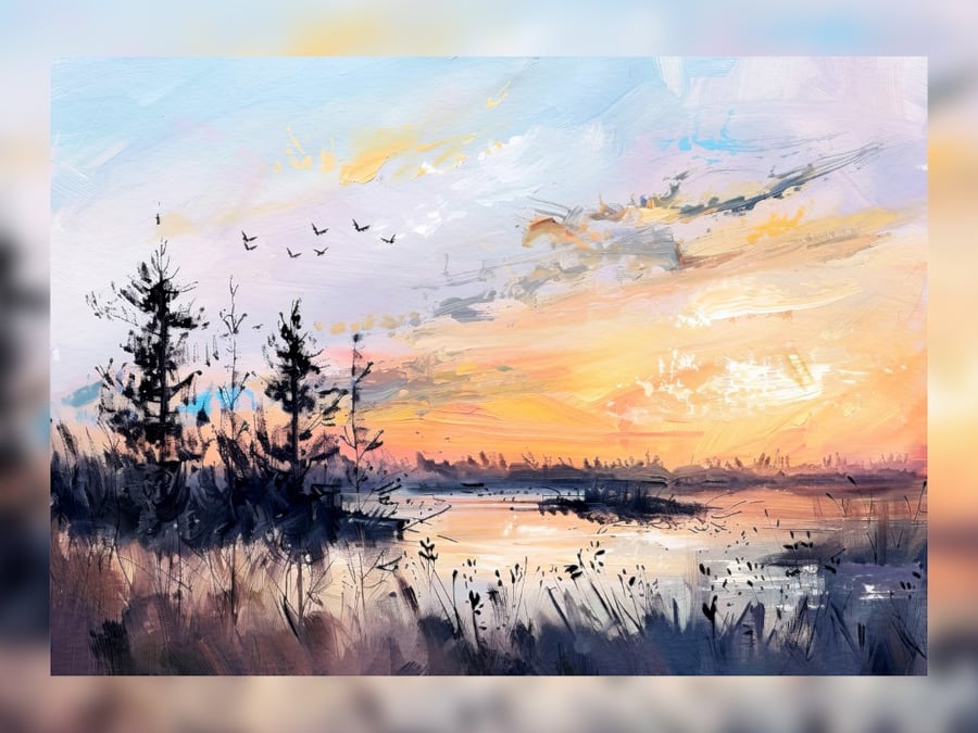 Sunset Reflection Over Water, Tranquil Evening Landscape 5"x7 Matte Print