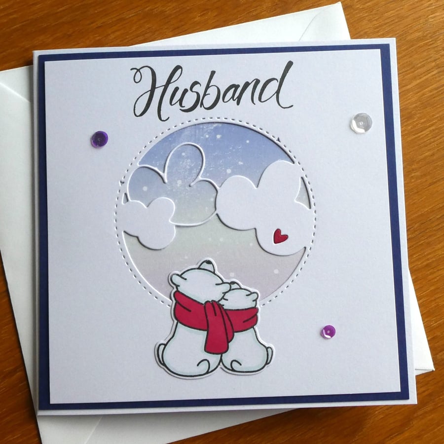 Husband Christmas Card - Polar Bears with Snowy Northern Lights Sky