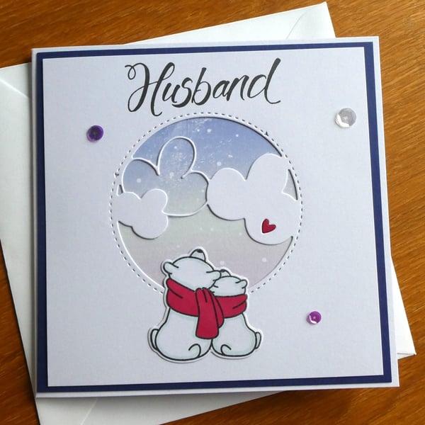 Husband Christmas Card - Polar Bears with Snowy Northern Lights Sky