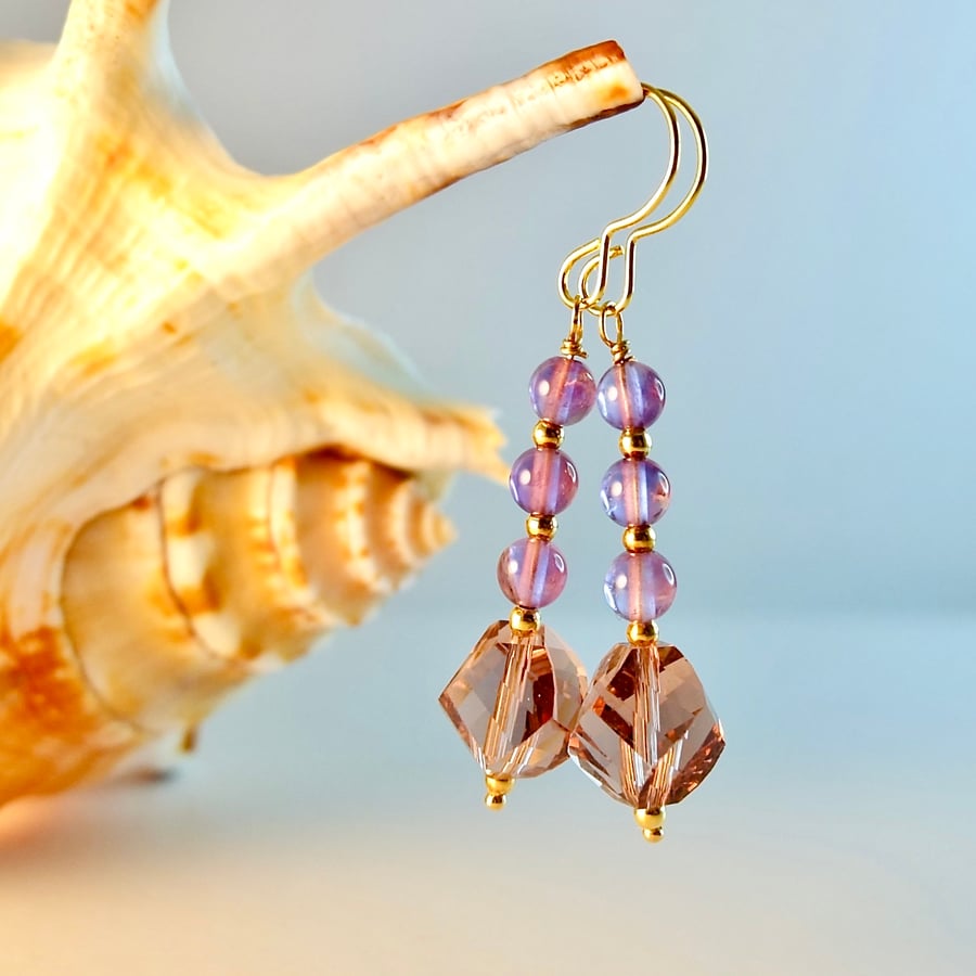 Amethyst Earrings With Faceted Crystal Glass Drop - Handmade In Devon