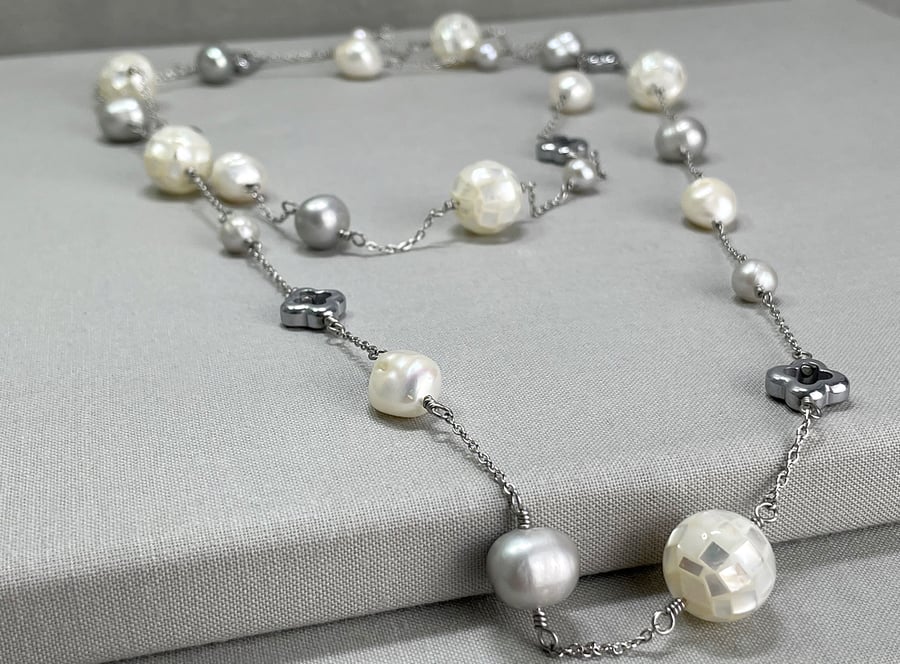 Long 44 Inch Cultured Pearl, Shell Pearl & Hematite Rope Style Endless Necklace