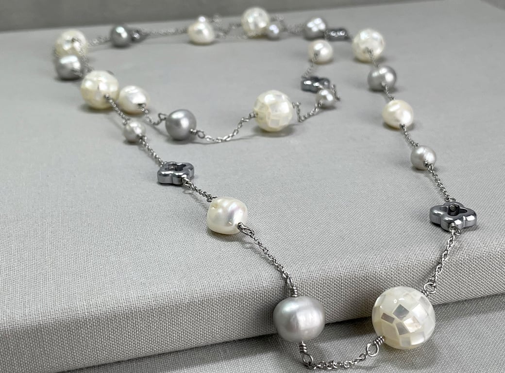Long 44 Inch Cultured Pearl, Shell Pearl & Hematite Rope Style Endless Necklace