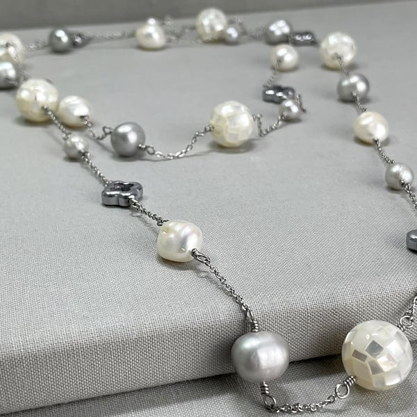 Long 44 Inch Cultured Pearl, Shell Pearl & Hematite Rope Style Endless Necklace