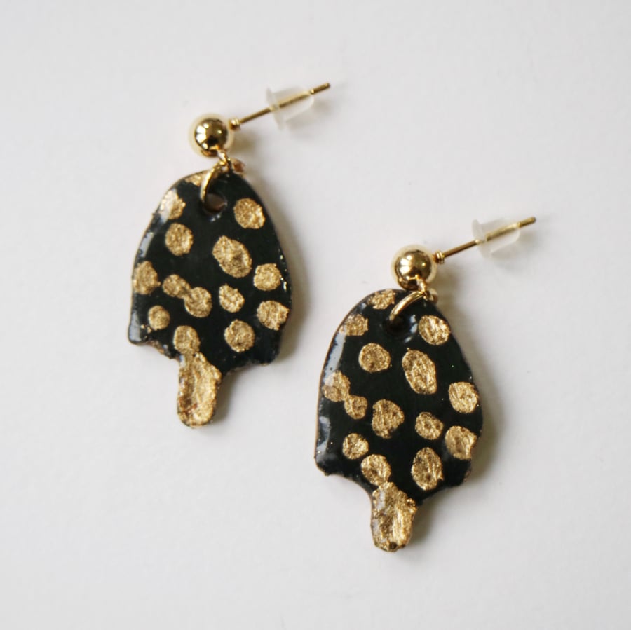 Toadstool Stud Earrings Hand Painted Black Gold Leaf Resin Plated Kawaii Witchy