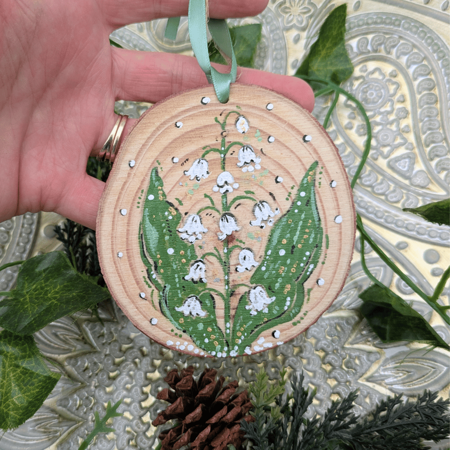 Lily of the valley hand-painted log slice decoration 